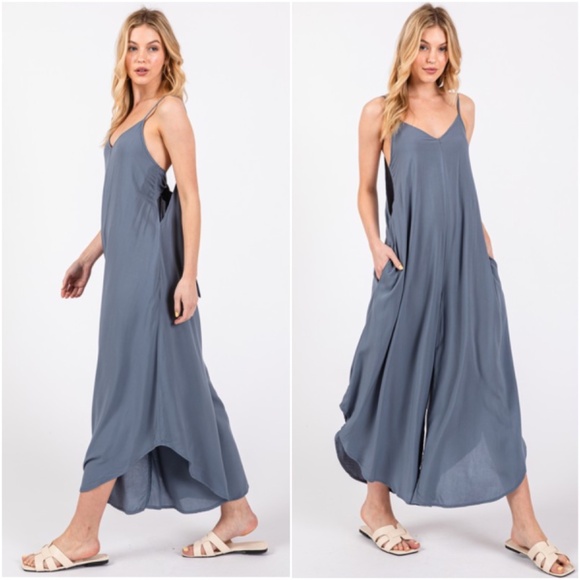 063 Solid Back Tie Cut out Wide Leg Cami Jumpsuit - Picture 2 of 9